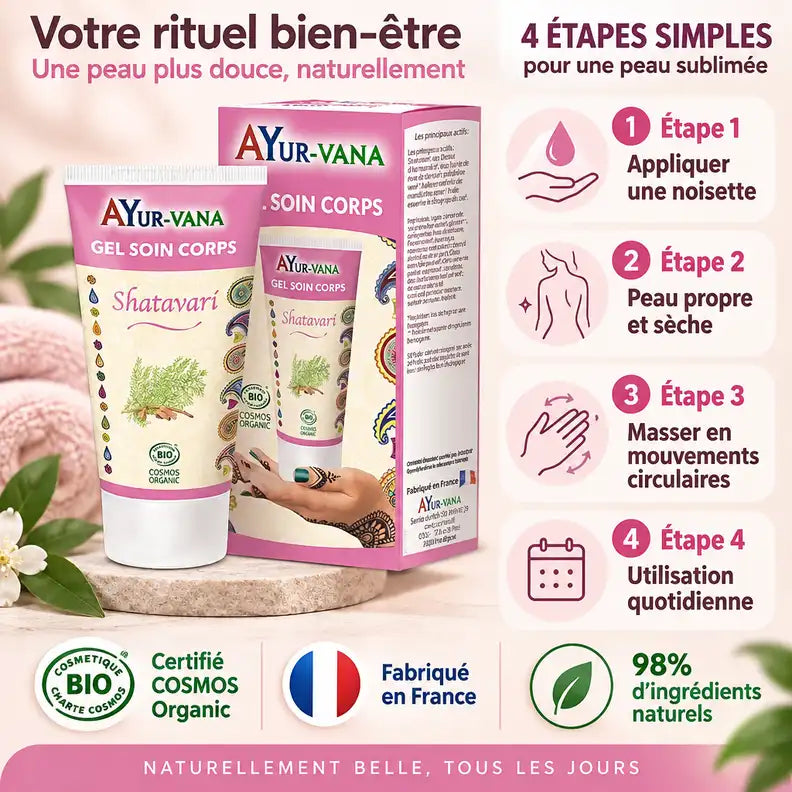 Gel corps bio Shatavari AyurVana avec étapes application, certifications naturelles et hydratation peau