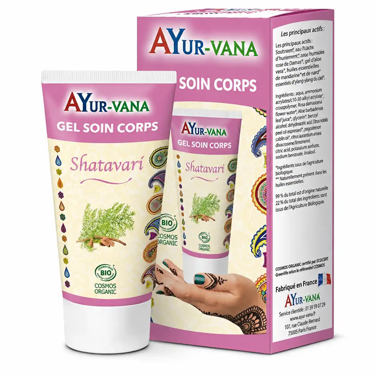 Gel Corps Bio Shatavari AyurVana en tube blanc, certifié biologique pour apaiser et hydrater la peau