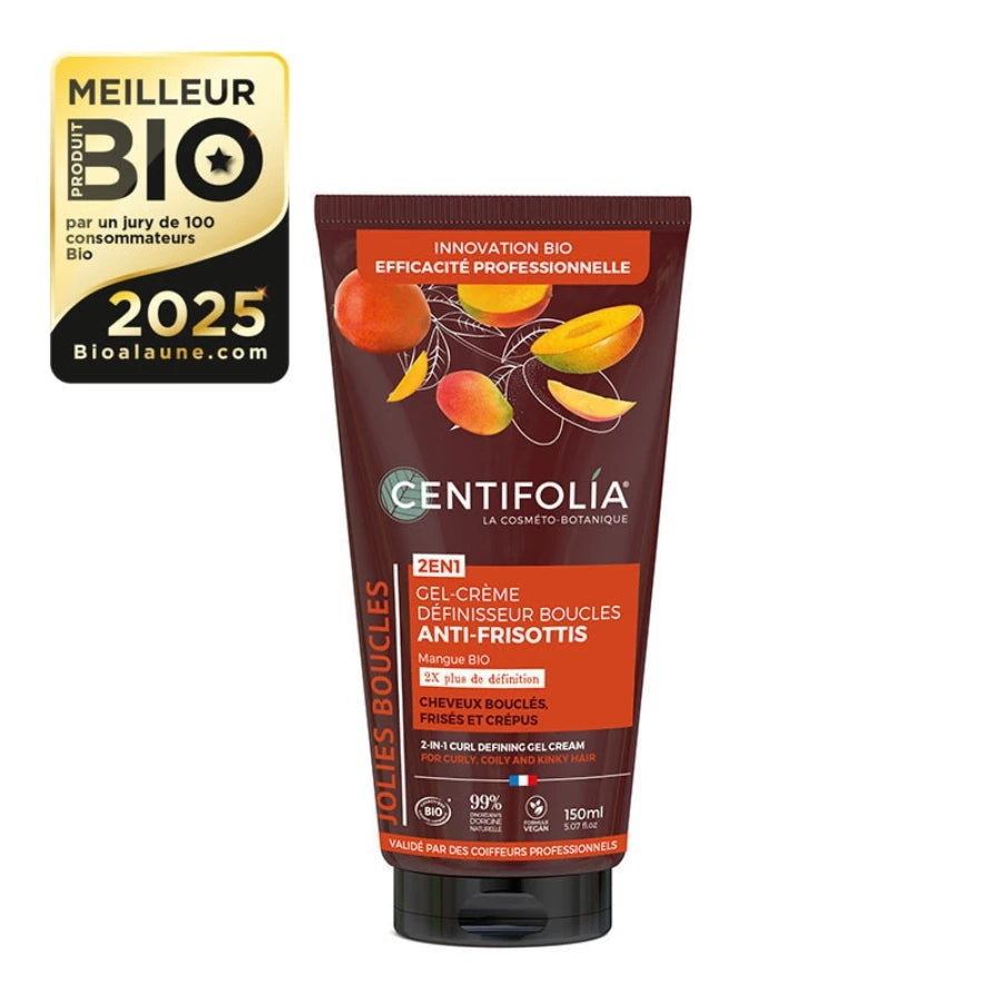 Un gel-crème définisseur de boucles de la marque centifolia avec le logo meilleur produit bio 2025
