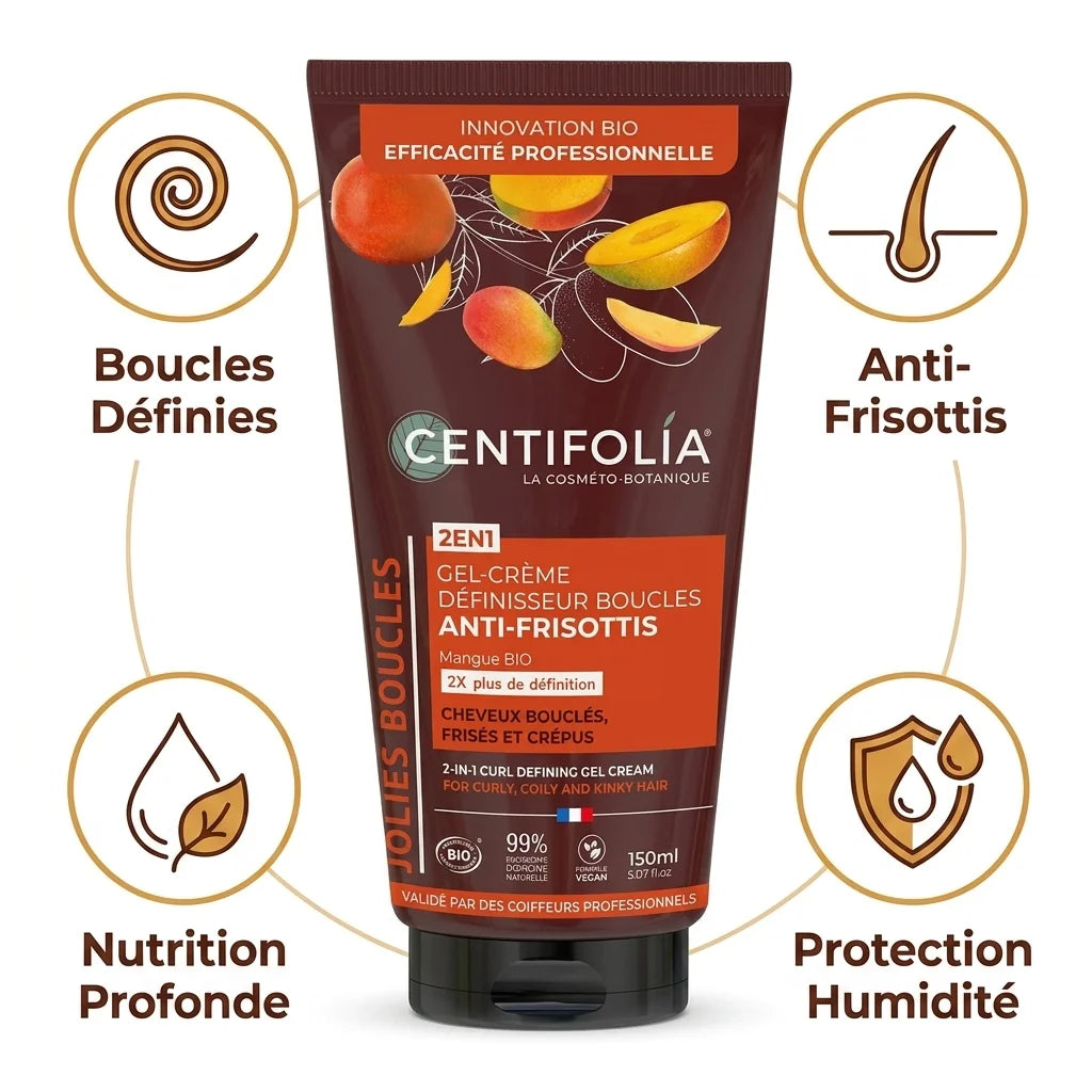 Gel-crème Centifolia boucles définies anti-frisottis bio 150ml avec icônes bénéfices