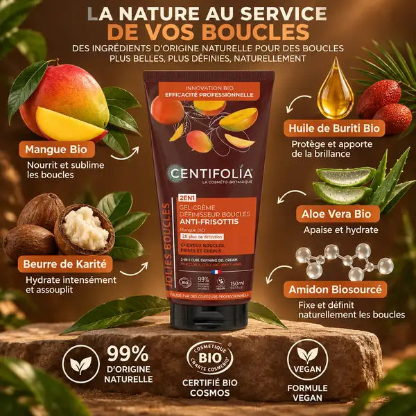 Gel-crème boucles Bio Centifolia 150ml avec ingrédients naturels et certifications vegan