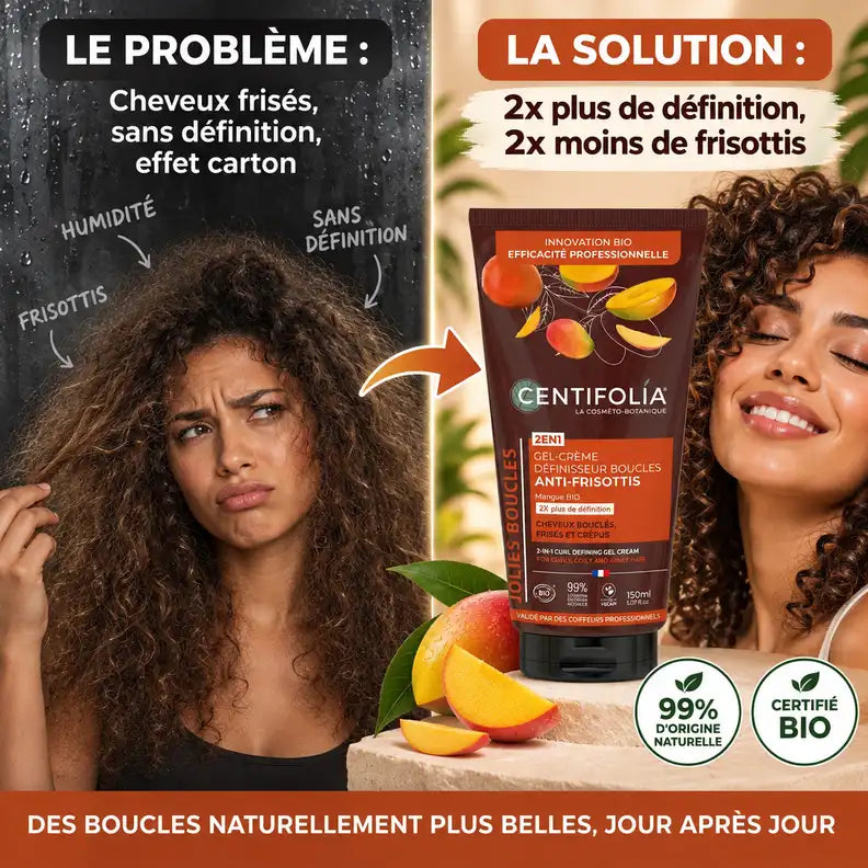 Gel-crème Centifolia avant/après : cheveux frisés vs boucles définies et brillantes, 150ml bio