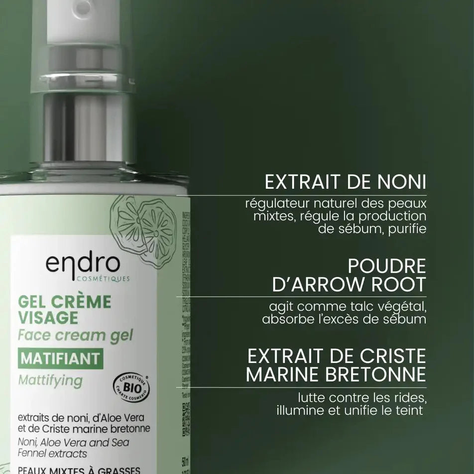 Les ingrédients et leurs bienfaits du gel crème visage matifiant de 50 ml de la marque Endro