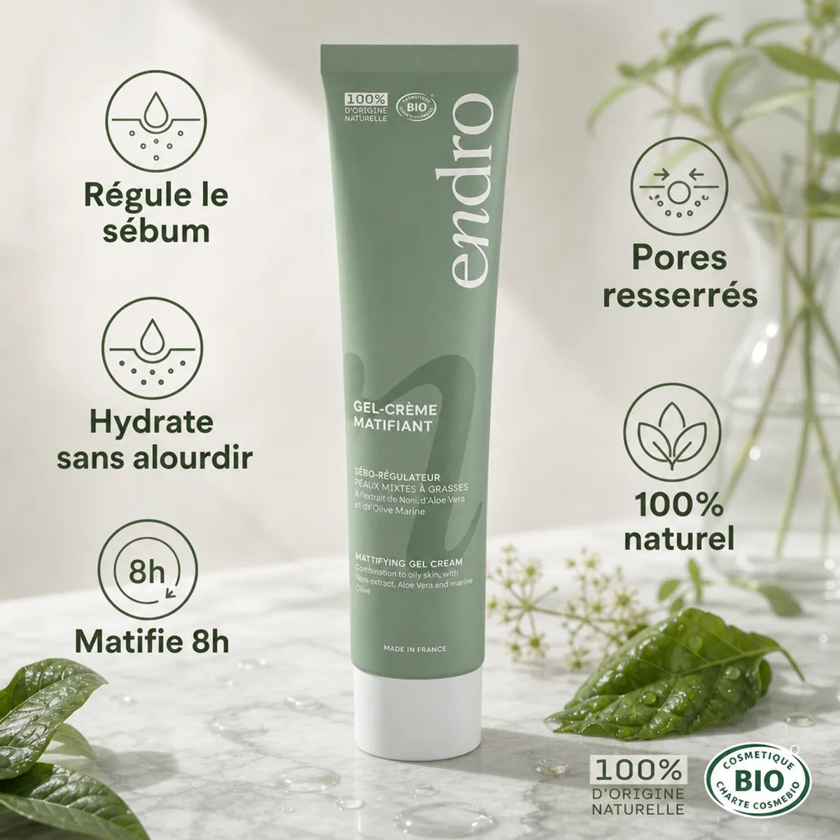 Gel crème matifiant Endro 50ml peaux grasses - régule sébum, hydrate, pores resserrés