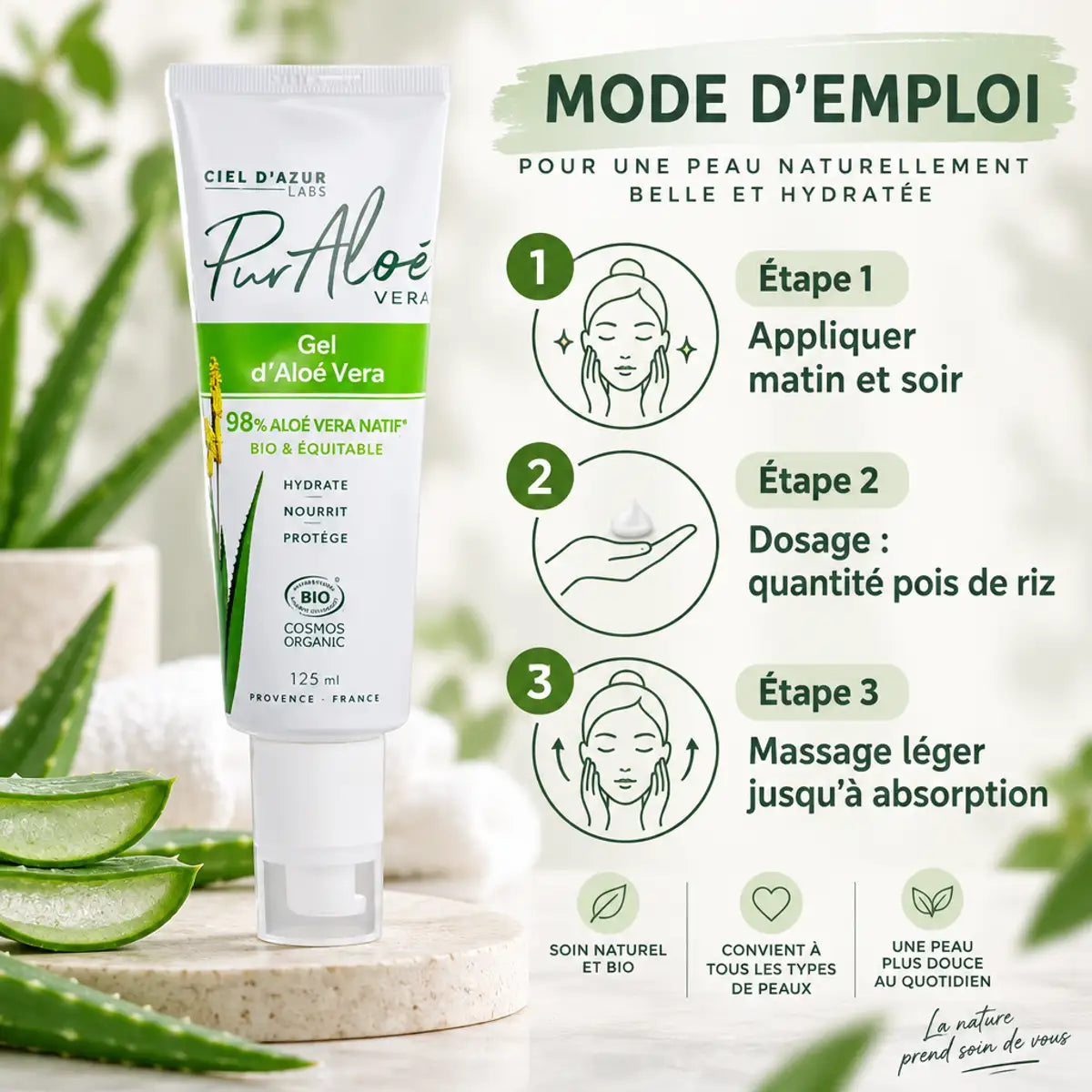 Gel d'Aloé Vera 98% bio Pur'Aloé 125ml avec mode d'emploi d'application