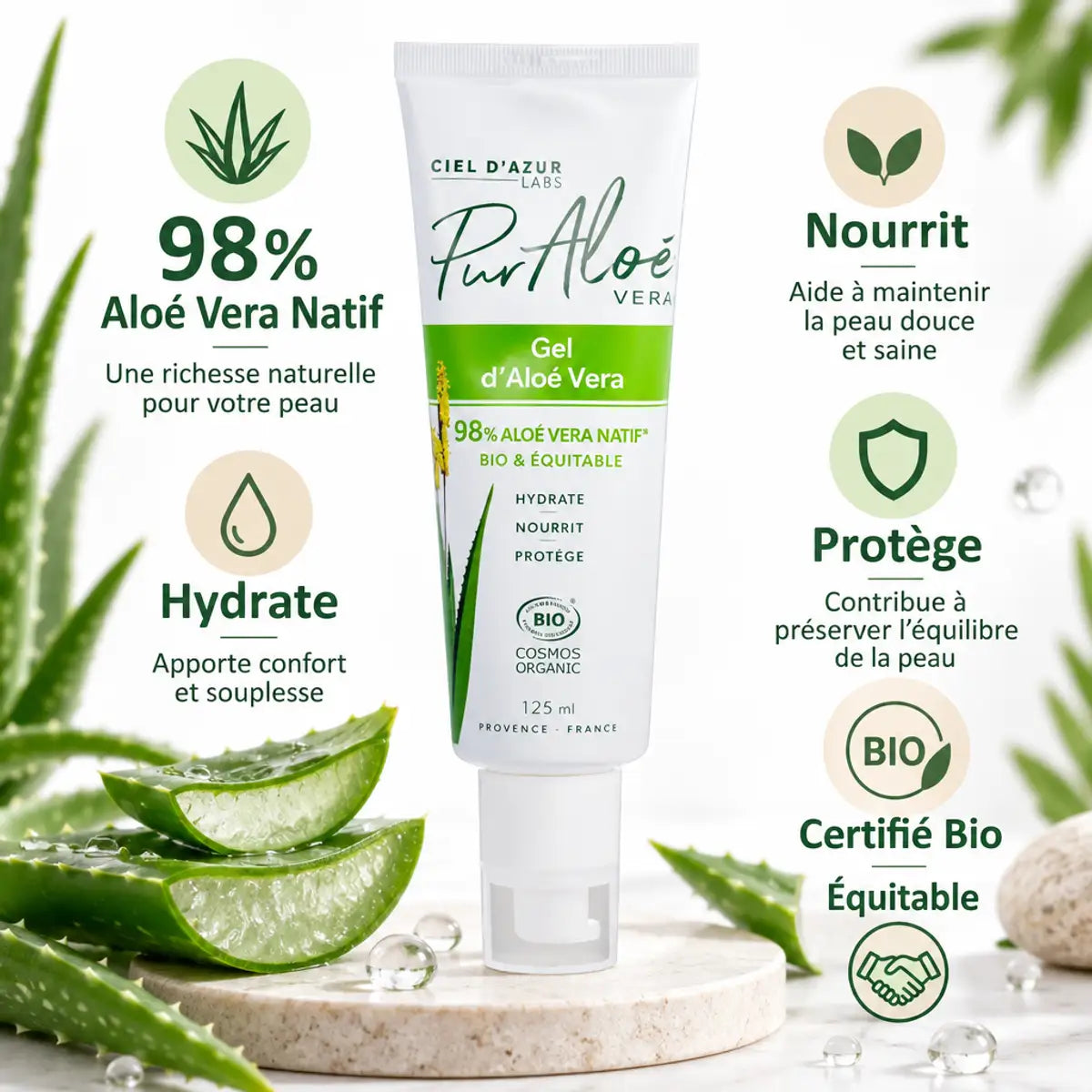 Gel d'Aloé Vera 98% bio Pur'Aloé 125ml - Tube blanc certifié équitable et naturel