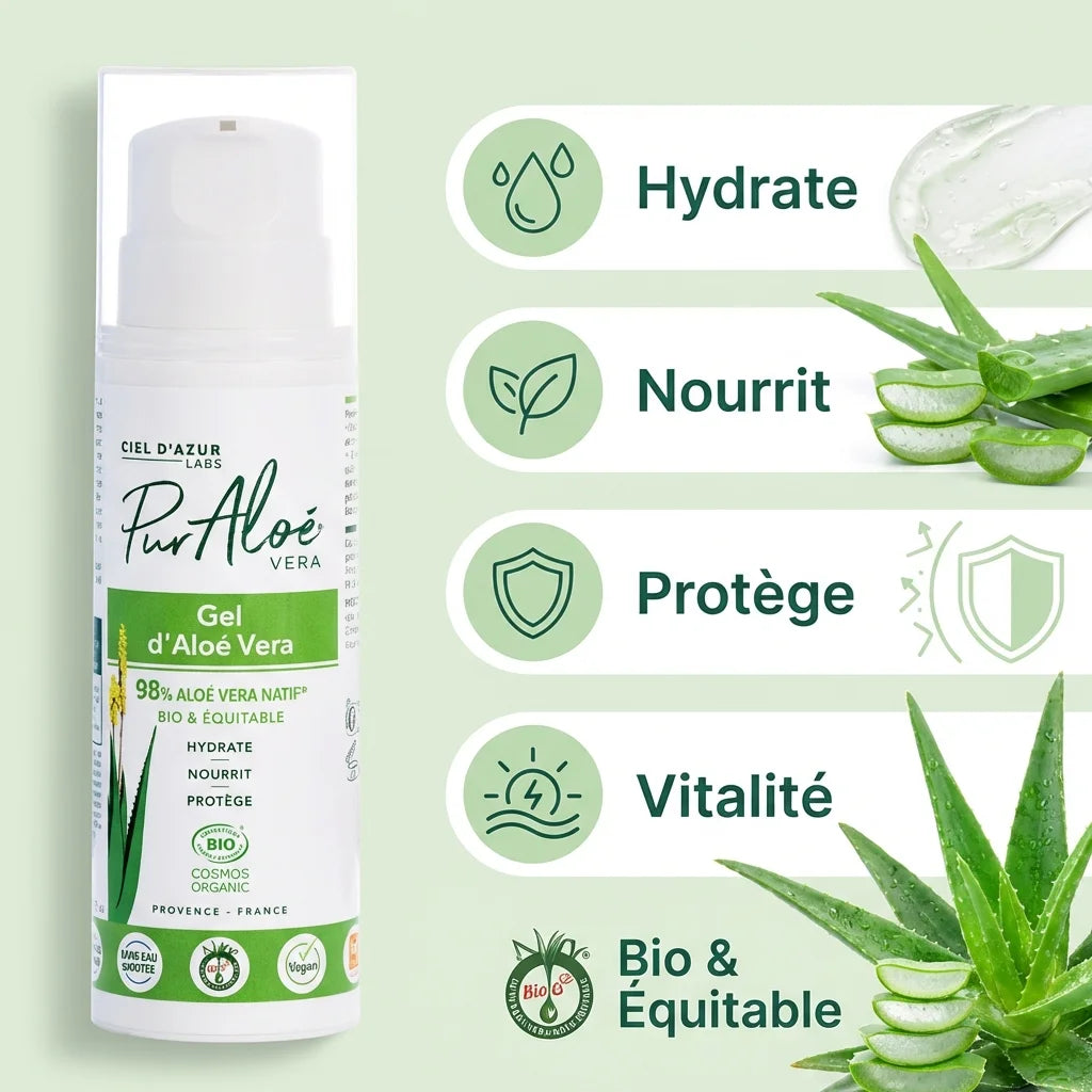 Gel Aloé Vera 98% bio Pur'Aloé 250ml avec bénéfices hydratation nutrition protection vitalité