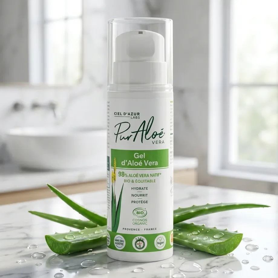 Gel Aloé Vera 98% bio Pur'Aloé 250ml sur marbre blanc avec feuilles fraîches