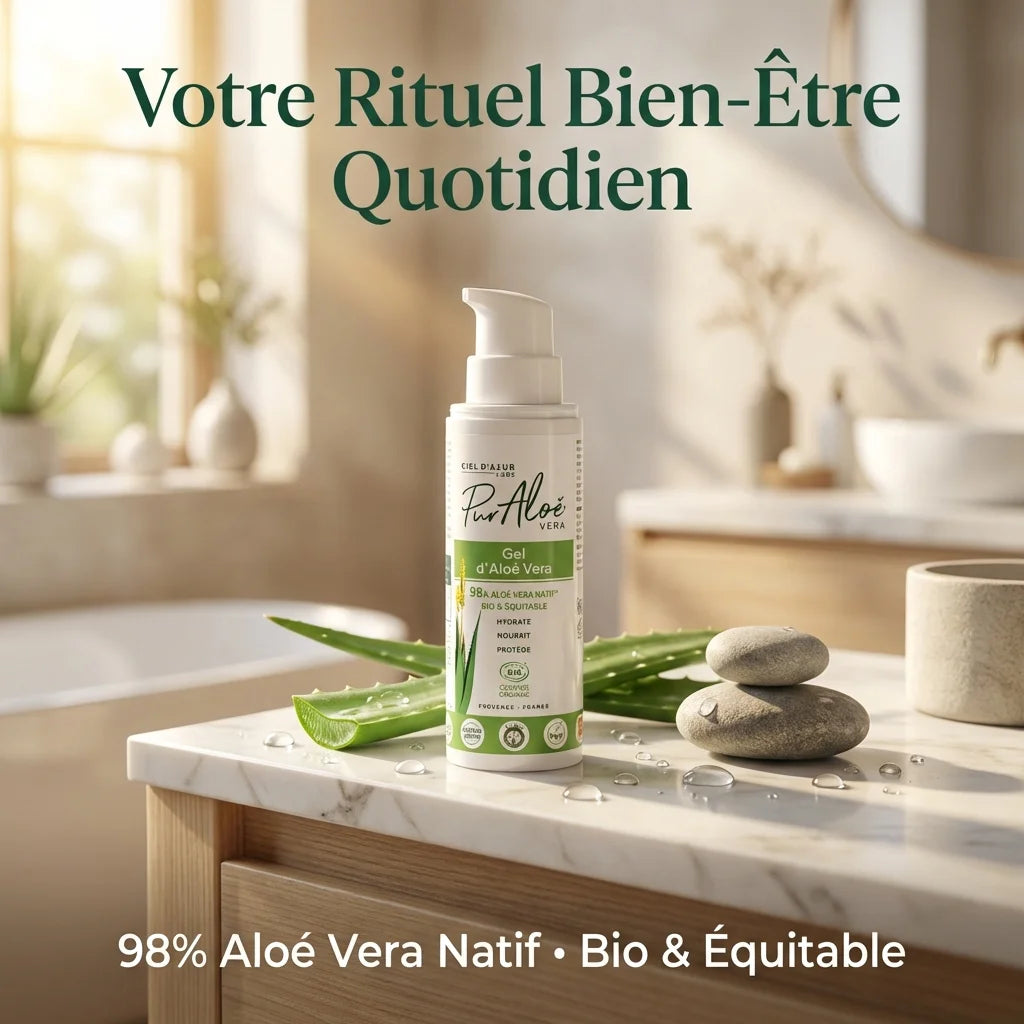 Gel Aloé Vera 98% bio Pur'Aloé 250ml avec feuilles fraîches et décoration spa naturelle
