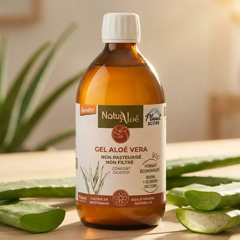 Gel d'aloé vera bio Naturaloé 500 mL certifié Demeter avec feuilles fraîches d'aloe vera