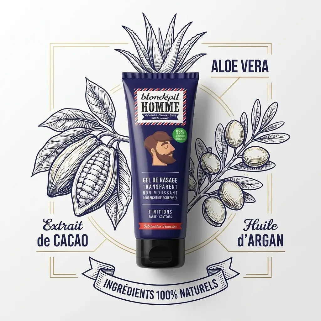 Gel de rasage transparent BLONDÉPIL avec ingrédients naturels - tube bleu et ingrédients botaniques