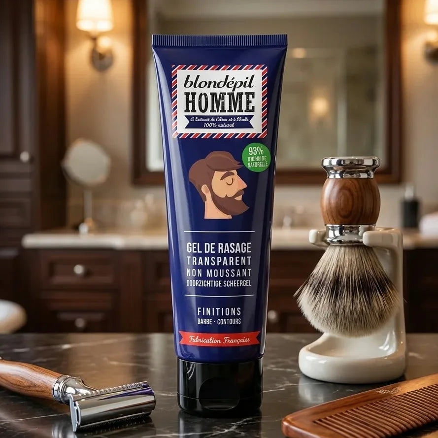 Gel rasage transparent Blondépil Homme sur vanité salle bain avec accessoires grooming premium