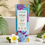 Gel douche Fleur de tiaré Pimpant en recharge, packaging premium sur marbre blanc