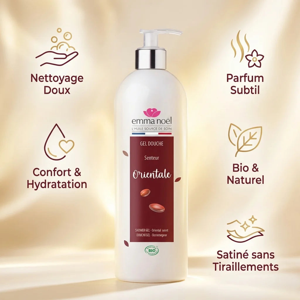Gel douche argan bio Emma Noël 1L avec ses 5 bénéfices: nettoyage doux, hydratation, parfum subtil, naturel et satiné