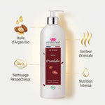 Gel douche Emma Noël huile d'argan bio 1L avec infographie ingrédients naturels