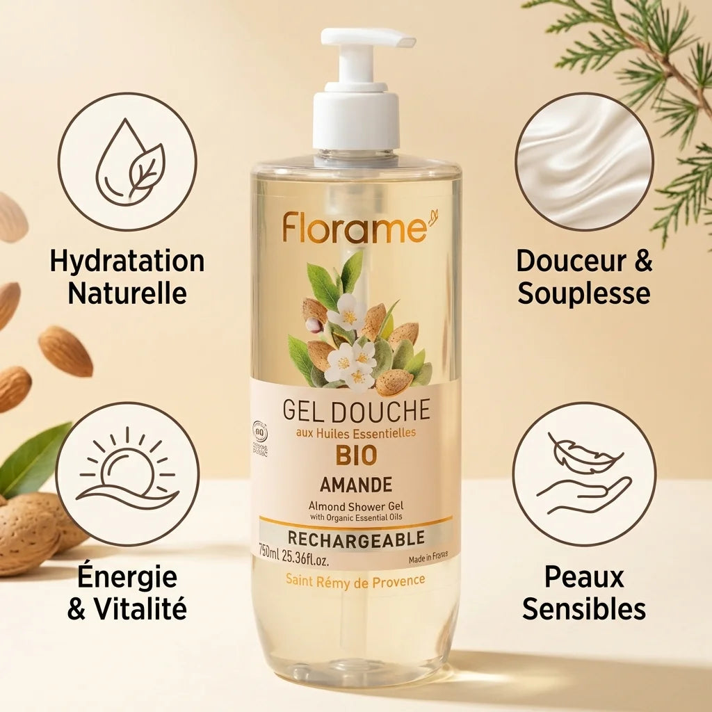 Gel Douche Amande Bio Florame 750ml avec bénéfices hydratation et douceur pour peaux sensibles