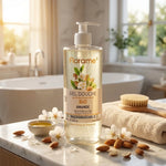 Gel douche amande bio Florame 750ml avec pompe dans salle de bain luxe