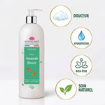 Gel douche Amande Douce bio Emma Noël 1L avec infographie des bénéfices: douceur, hydratation, bien-être, soin naturel
