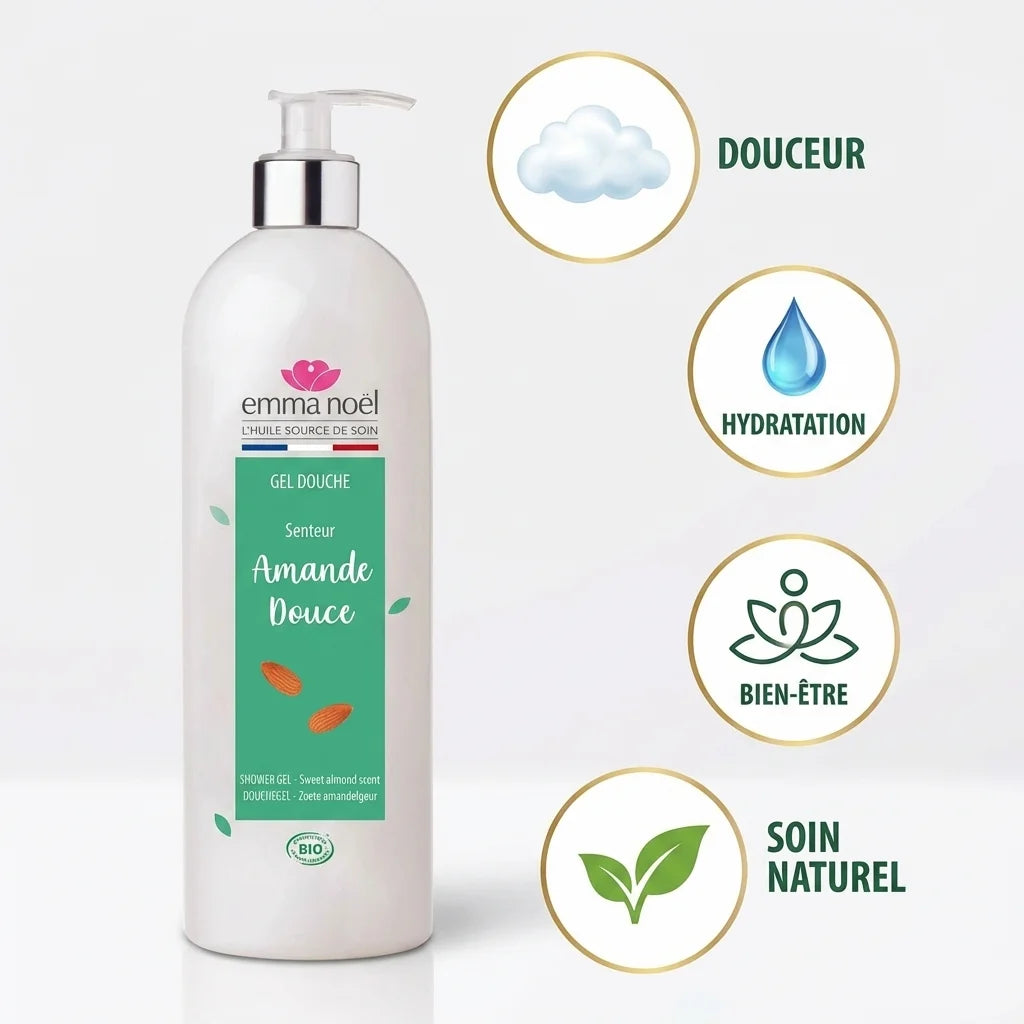 Gel douche Amande Douce bio Emma Noël 1L avec infographie des bénéfices: douceur, hydratation, bien-être, soin naturel