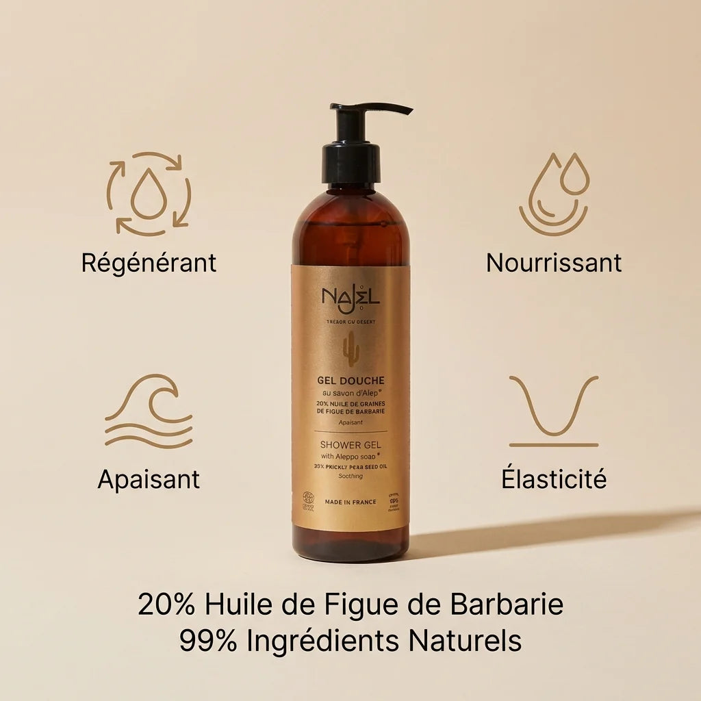 Gel douche Najel huile de figue de barbarie 500ml - flacon ambré avec bénéfices régénérant, nourrissant et apaisant