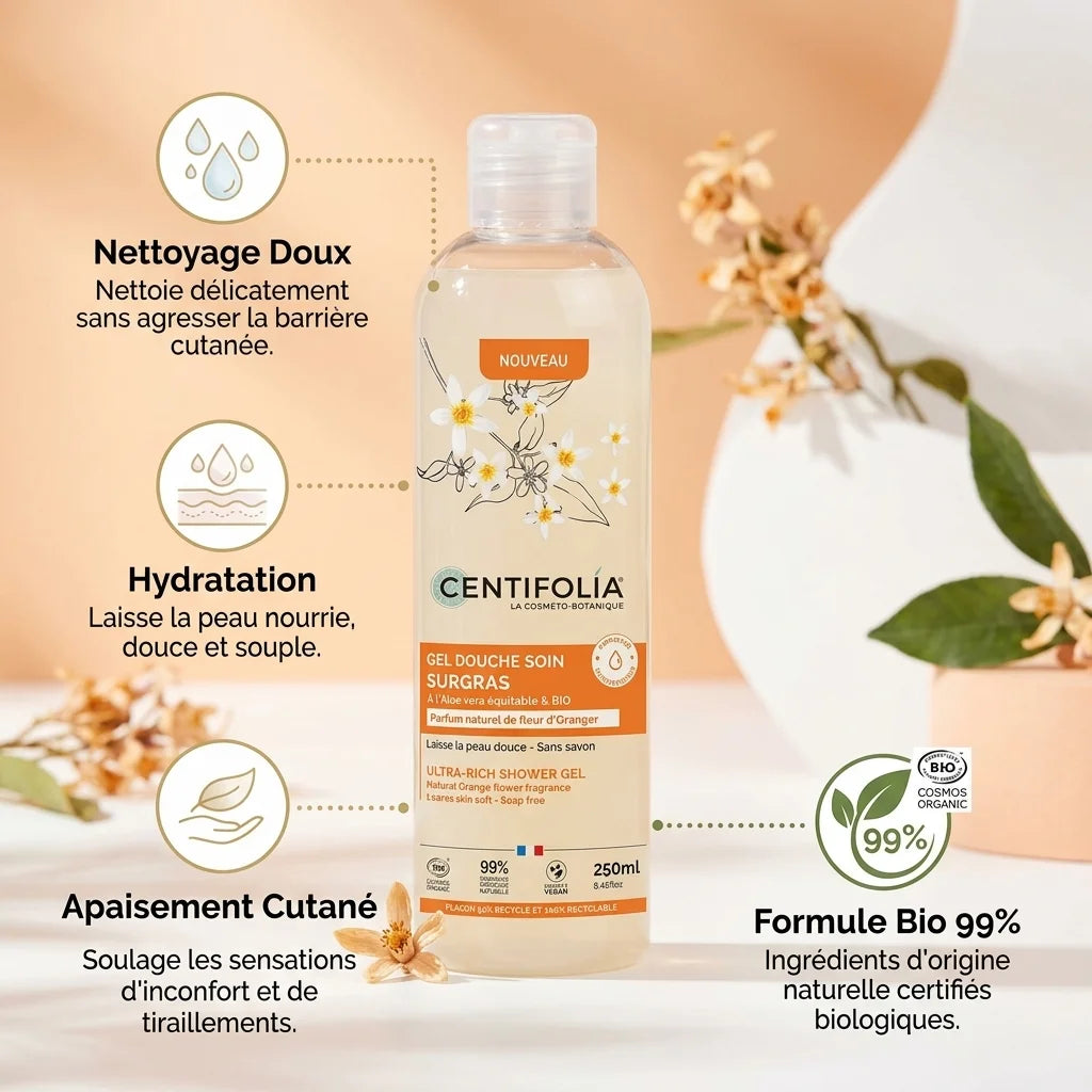 Gel douche surgras Centifolia 250ml fleur d'oranger avec pictogrammes bénéfices hydratation et formule bio