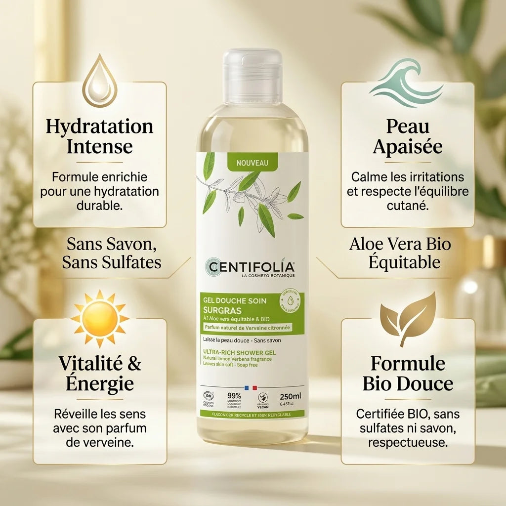 Gel douche surgras Centifolia verveine citronnée 250ml avec infographie des bénéfits hydratation et formule bio