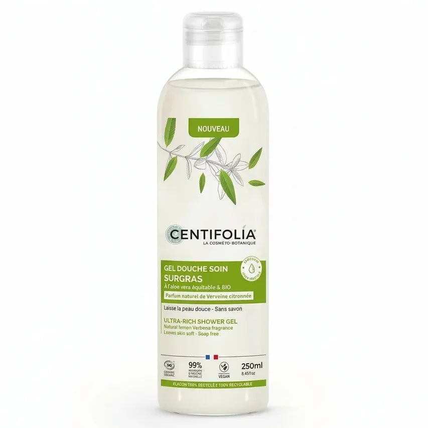 Gel douche surgras Centifolia 250ml parfum verveine citronnée, flacon crème sur fond blanc