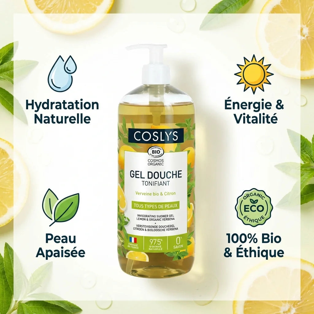 Gel douche Verveine Citron Bio Coslys 1L avec bénéfices hydratation naturelle et peau apaisée