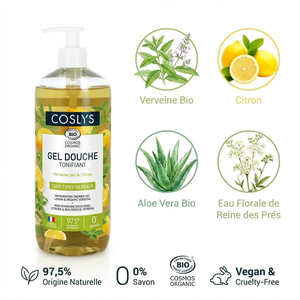 Gel douche Coslys Verveine Citron Bio 1L avec ingrédients naturels et certification Cosmos Organic