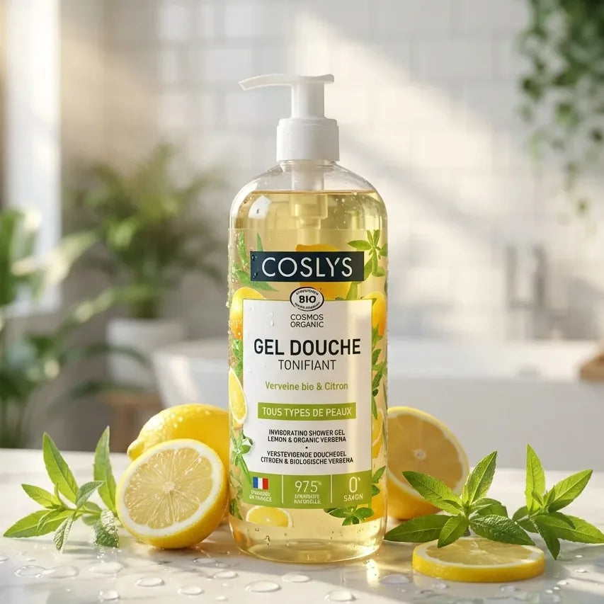 Gel douche bio Coslys Verveine & Citron 1L avec citrons frais et verveine sur marbre