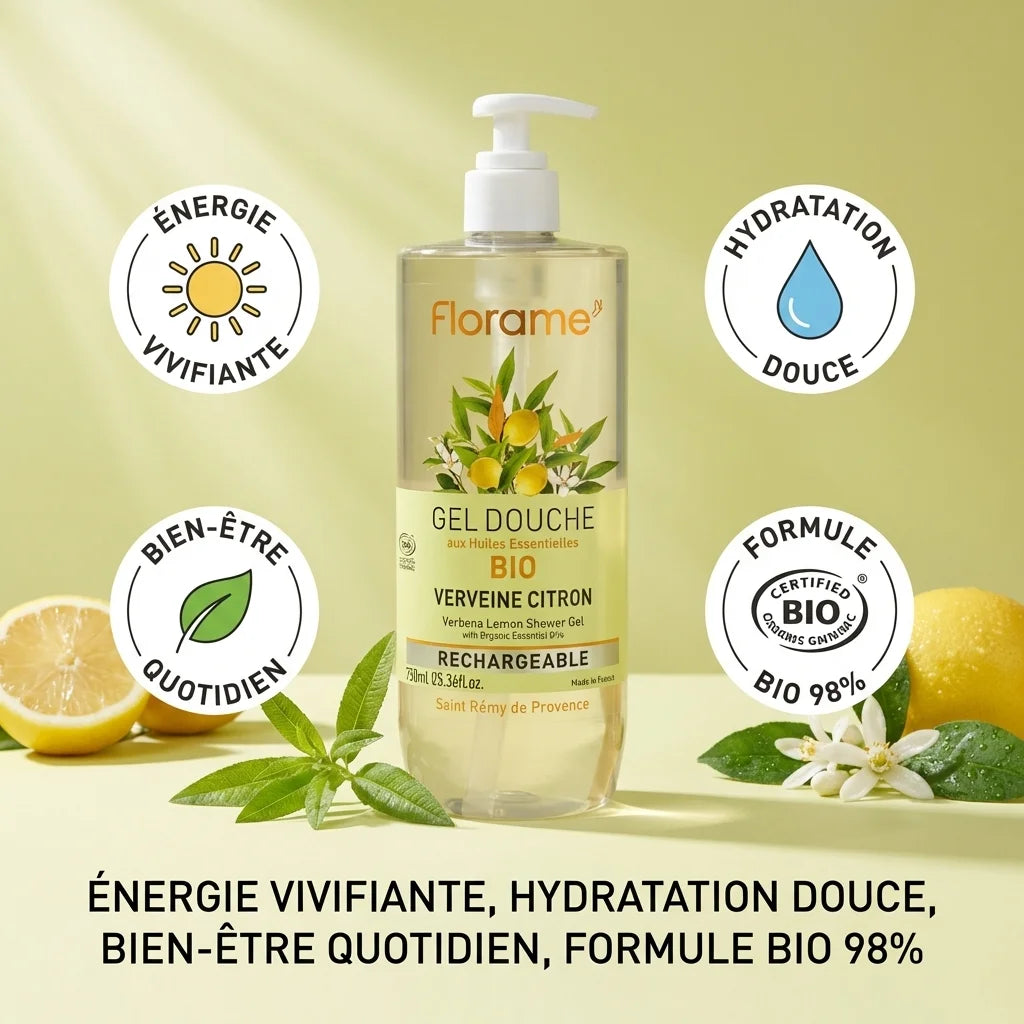 Gel douche Verveine Citron Bio Florame 750ml avec pompe, certifié bio et hydratant