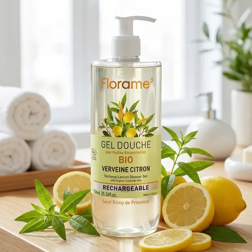 Gel douche Verveine Citron Bio Florame 750ml avec citrons frais et feuilles de verveine