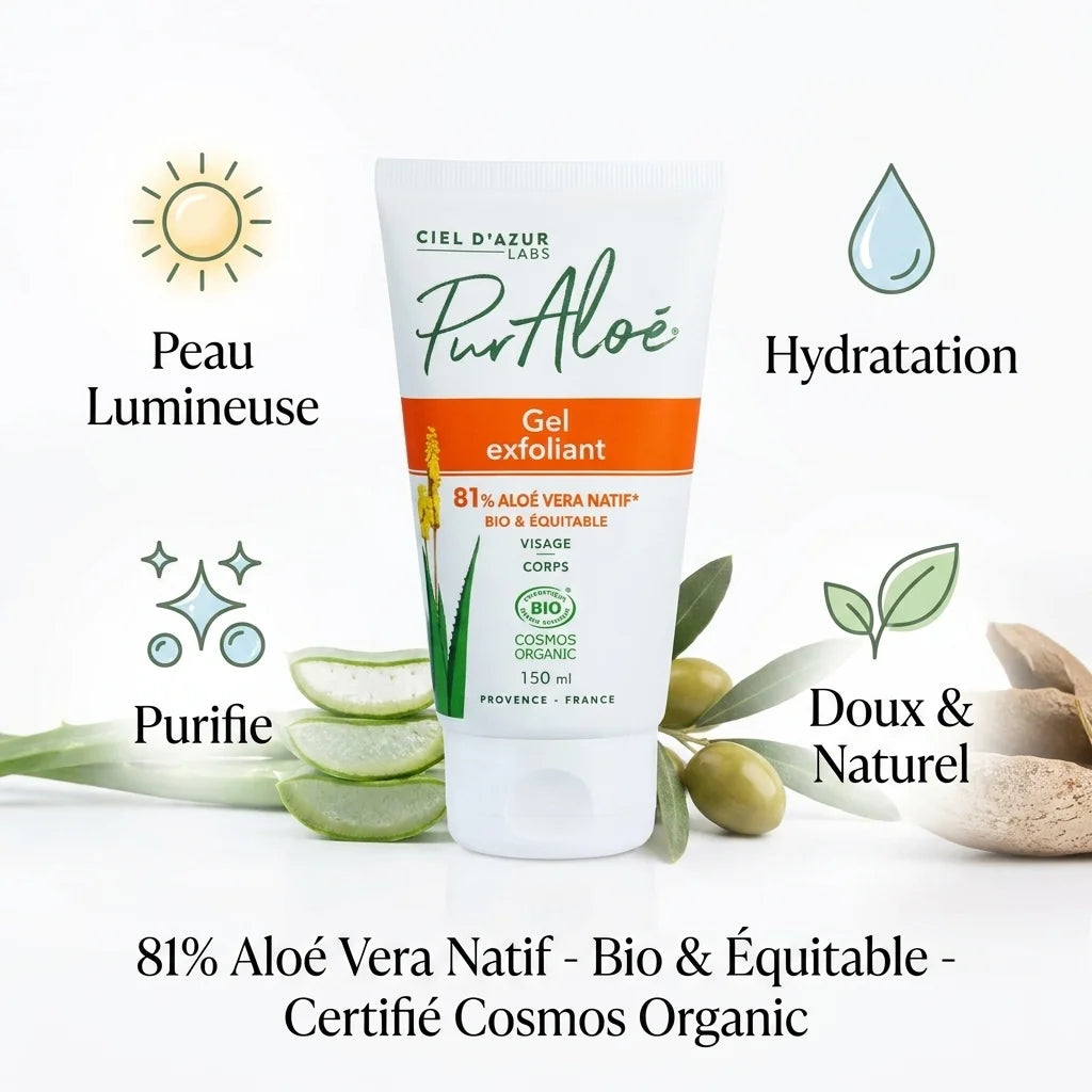 Gel exfoliant Bio Pur'Aloé 150ml avec aloé vera naturel et certifications biologiques