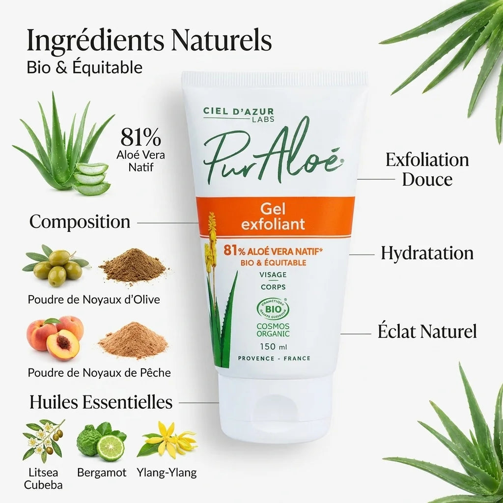 Gel exfoliant Bio Pur'Aloé 150ml - tube blanc avec bande orange et composition naturelle