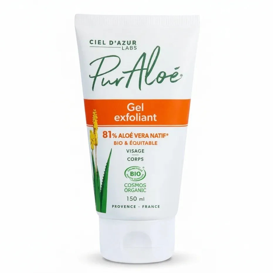 Gel exfoliant Bio Pur'Aloé 150ml tube blanc certifié COSMOS sur fond blanc