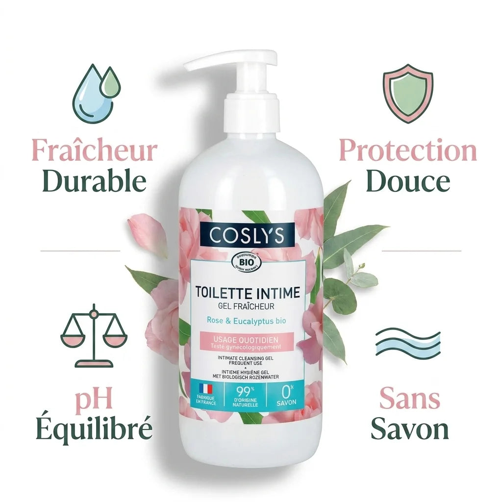 Gel intime fraîcheur rose eucalyptus Coslys 500ml avec bénéfices bio pH équilibré sans savon