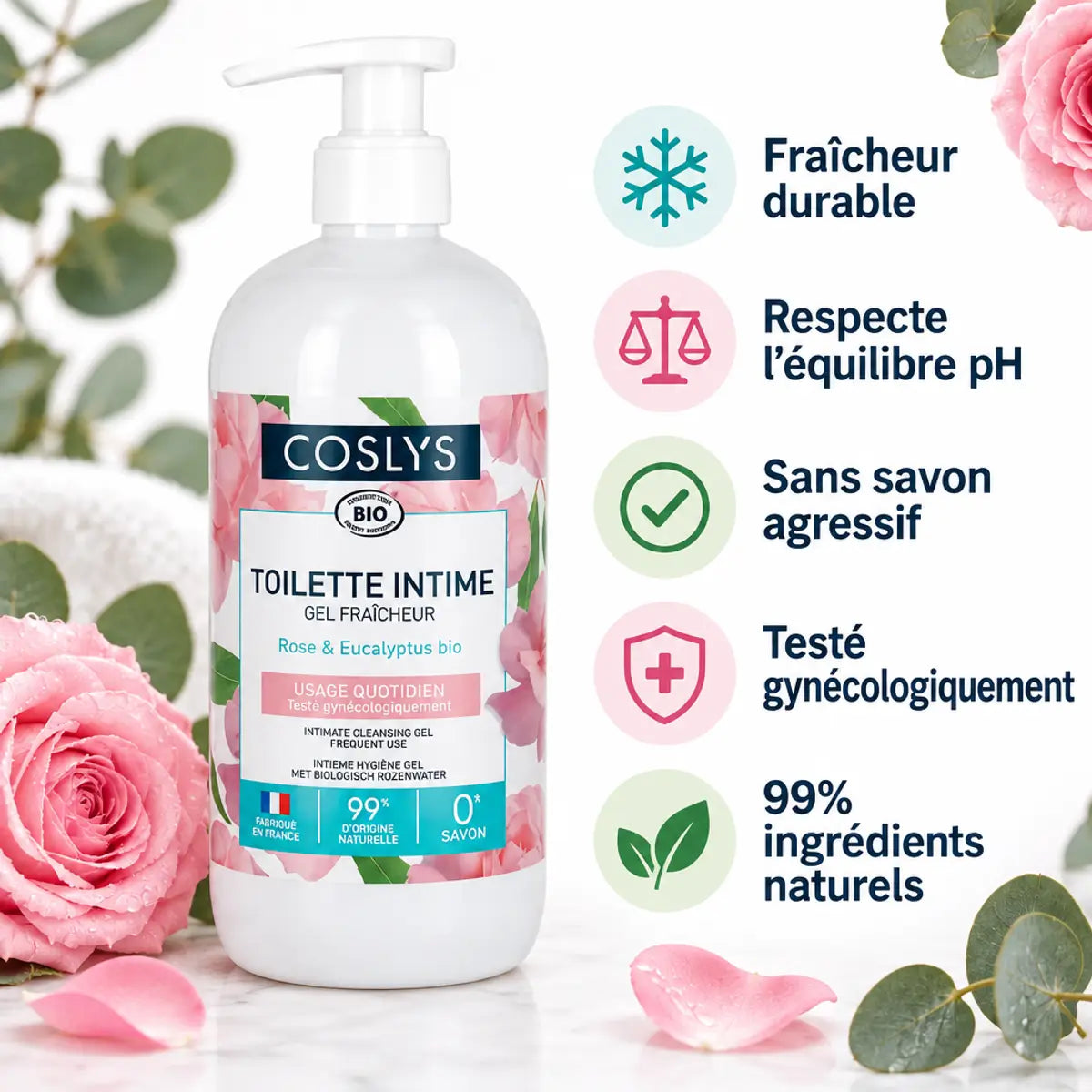 Gel intime Coslys fraîcheur rose eucalyptus Bio 500ml avec bénéfices pH naturel