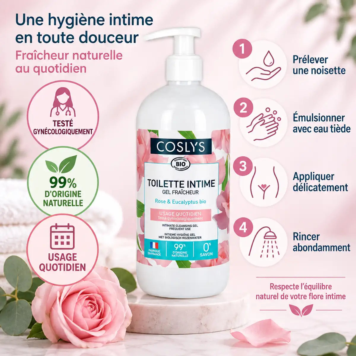 Gel intime fraîcheur Bio Coslys 500ml avec étapes d'utilisation et certifications naturelles