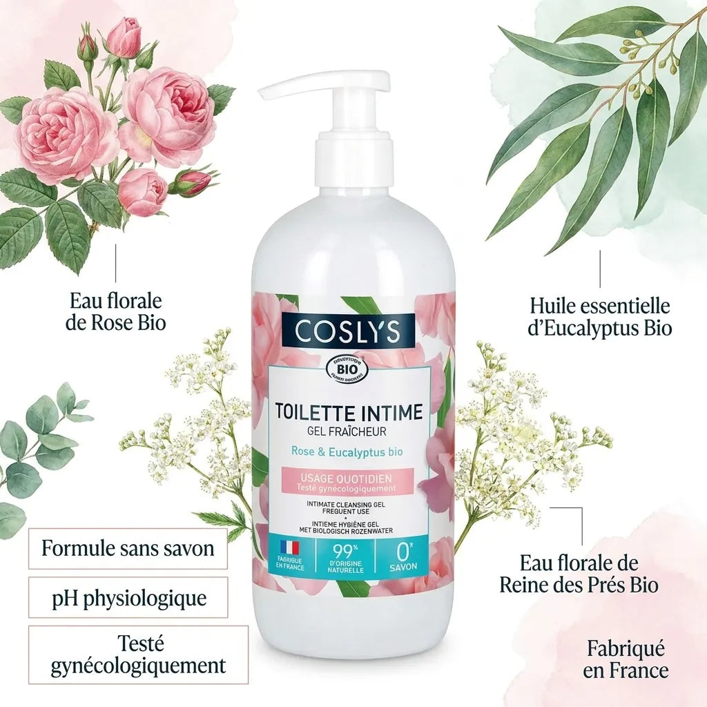 Gel intime fraîcheur Coslys 500ml rose eucalyptus bio avec ingrédients naturels et certifications
