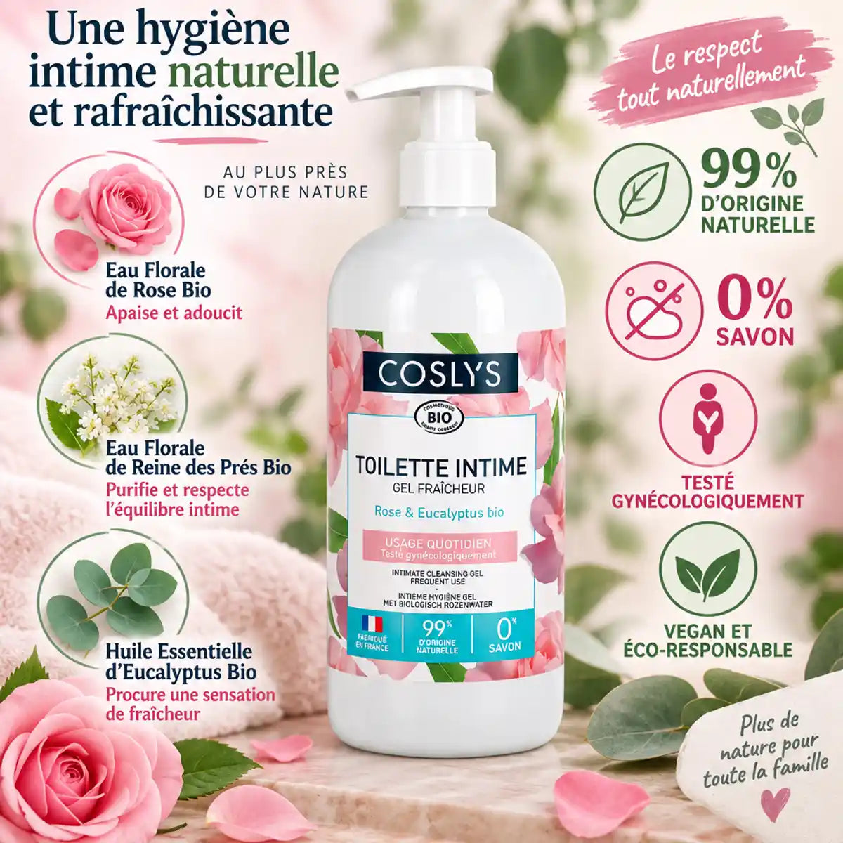 Gel intime Coslys 500ml rose eucalyptus bio avec ingrédients naturels certifiés