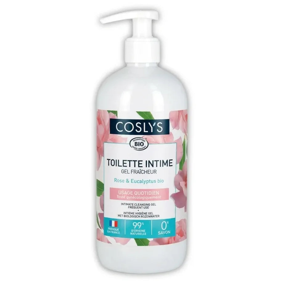 Gel intime fraîcheur rose eucalyptus bio Coslys 500ml flacon pompe blanc