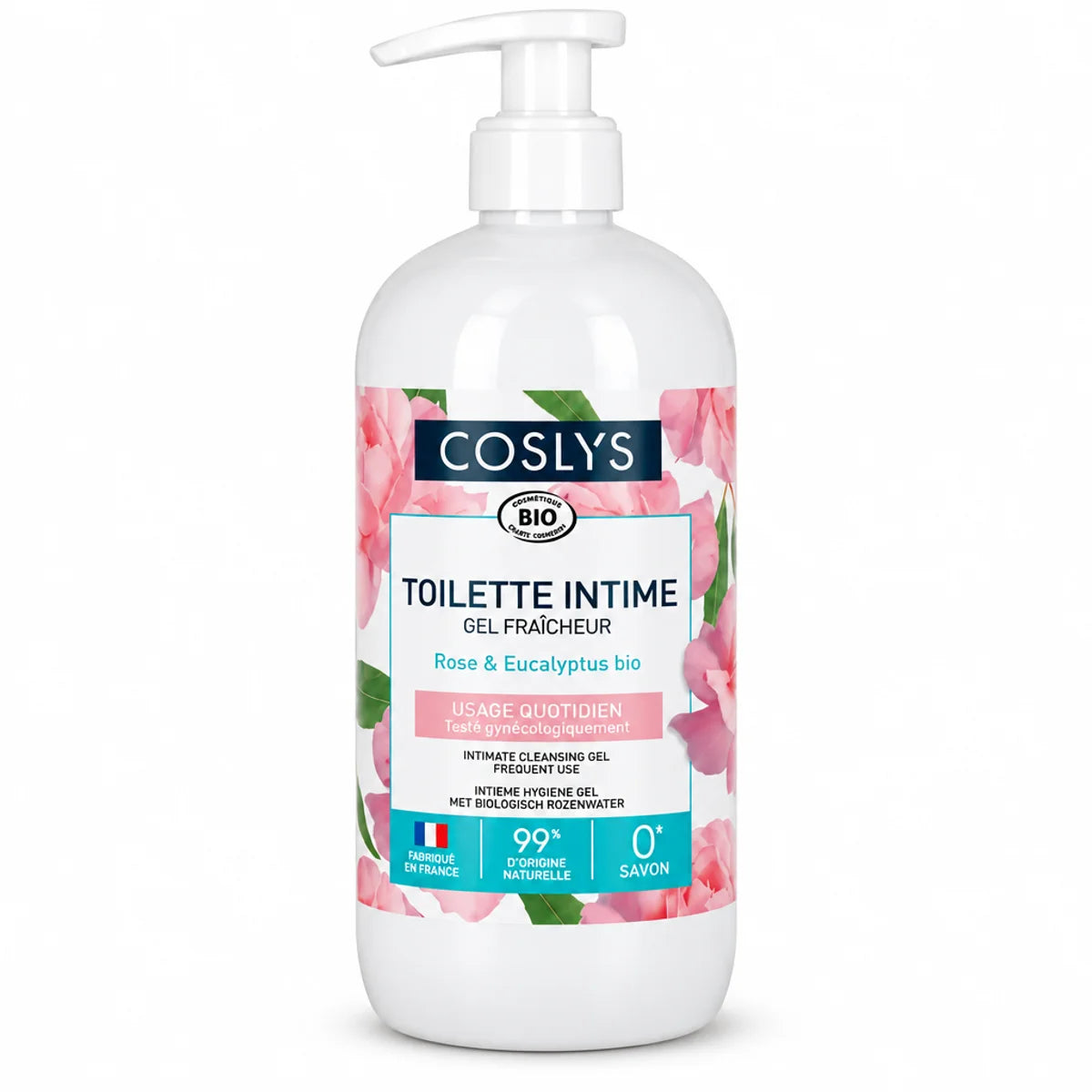 Gel intime fraîcheur rose et eucalyptus Bio Coslys 500ml flacon blanc avec pompe