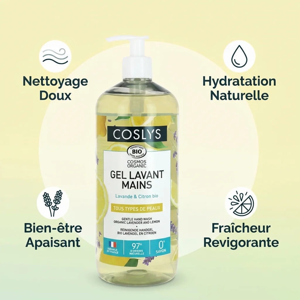 Gel lavant mains Coslys bio Lavande & Citron 1L avec infographie bénéfices nettoyage hydratation