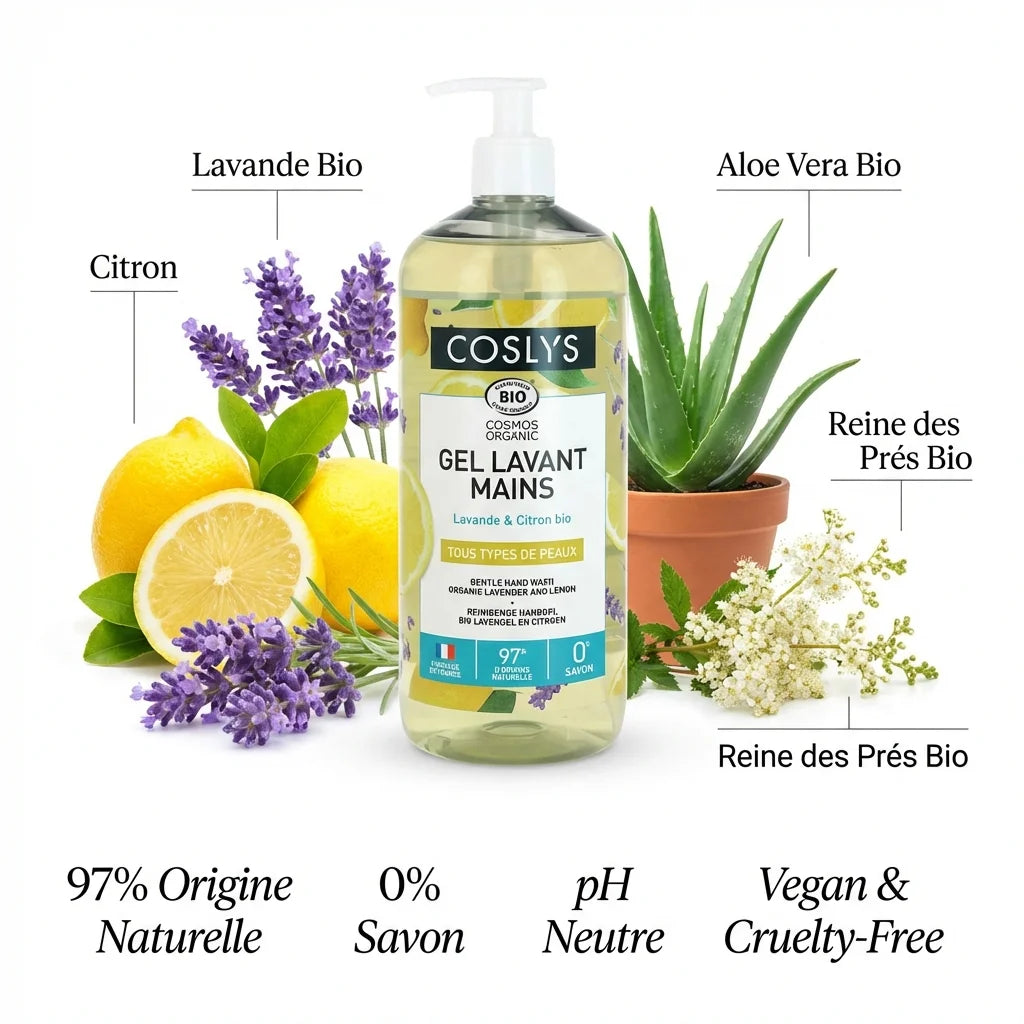 Gel lavant mains bio Coslys Lavande Citron 1L avec ingrédients naturels