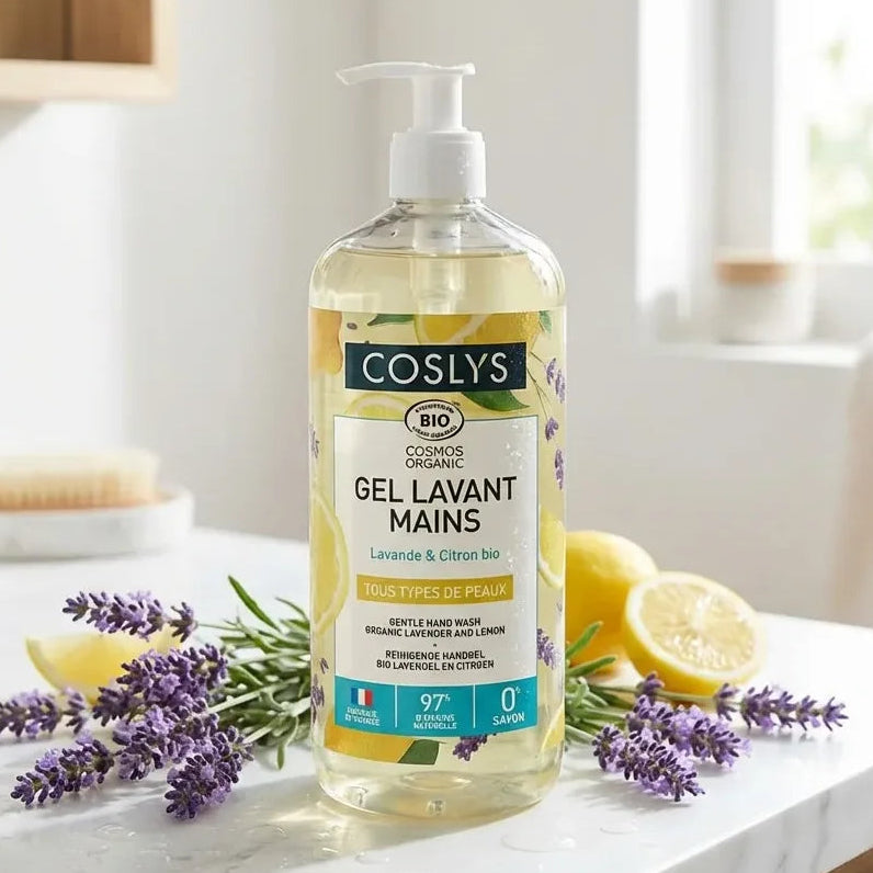 Gel lavant mains Coslys Lavande & Citron bio 1L avec lavande et citron frais