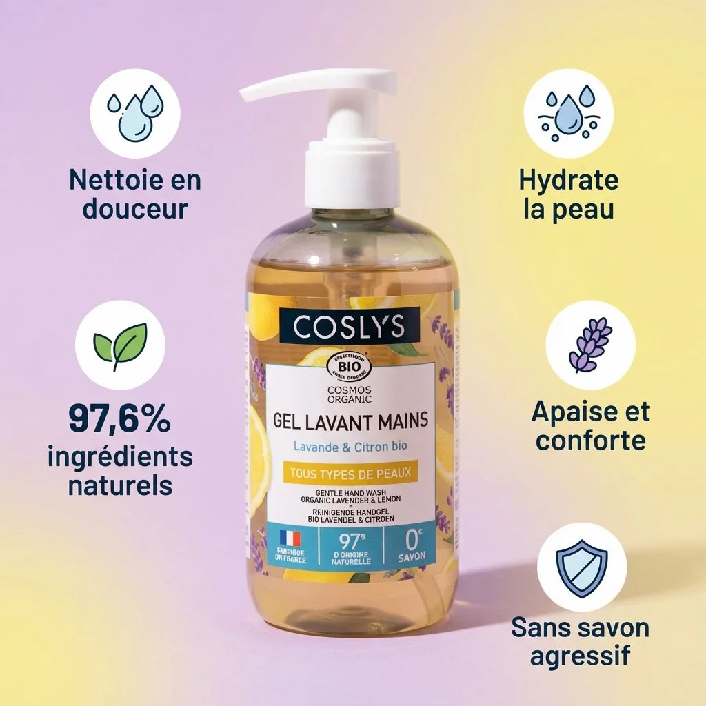 Gel lavant mains Coslys Lavande Citron Bio 300ml avec bénéfices naturels hydratants