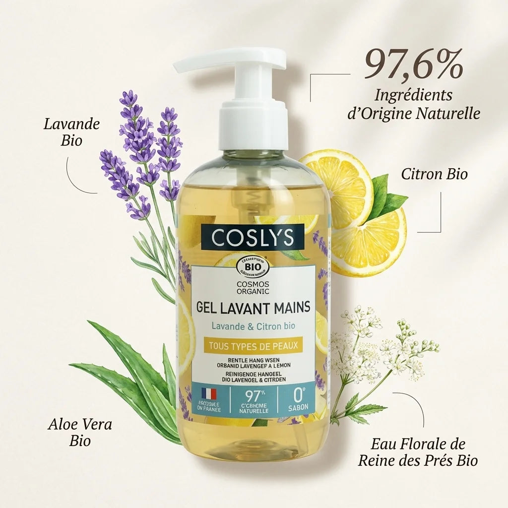 Gel lavant mains Coslys Lavande Citron Bio 300ml avec ingrédients naturels certifiés