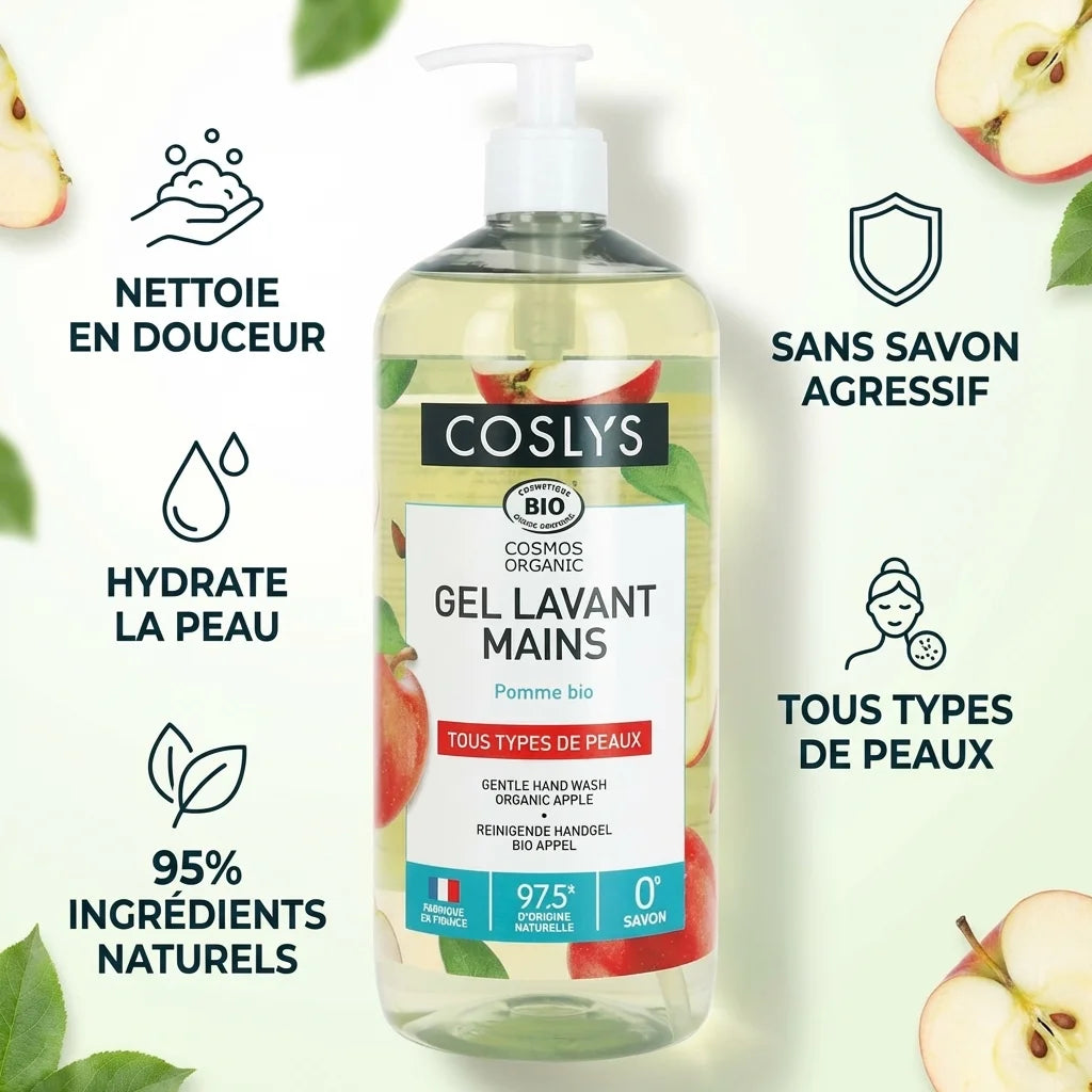 Gel lavant mains pomme bio Coslys 1L avec icônes bénéfices en studio blanc et vert