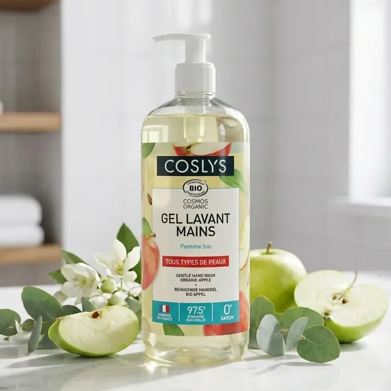 Gel lavant mains pomme bio Coslys 1L flacon pompe sur marbre blanc