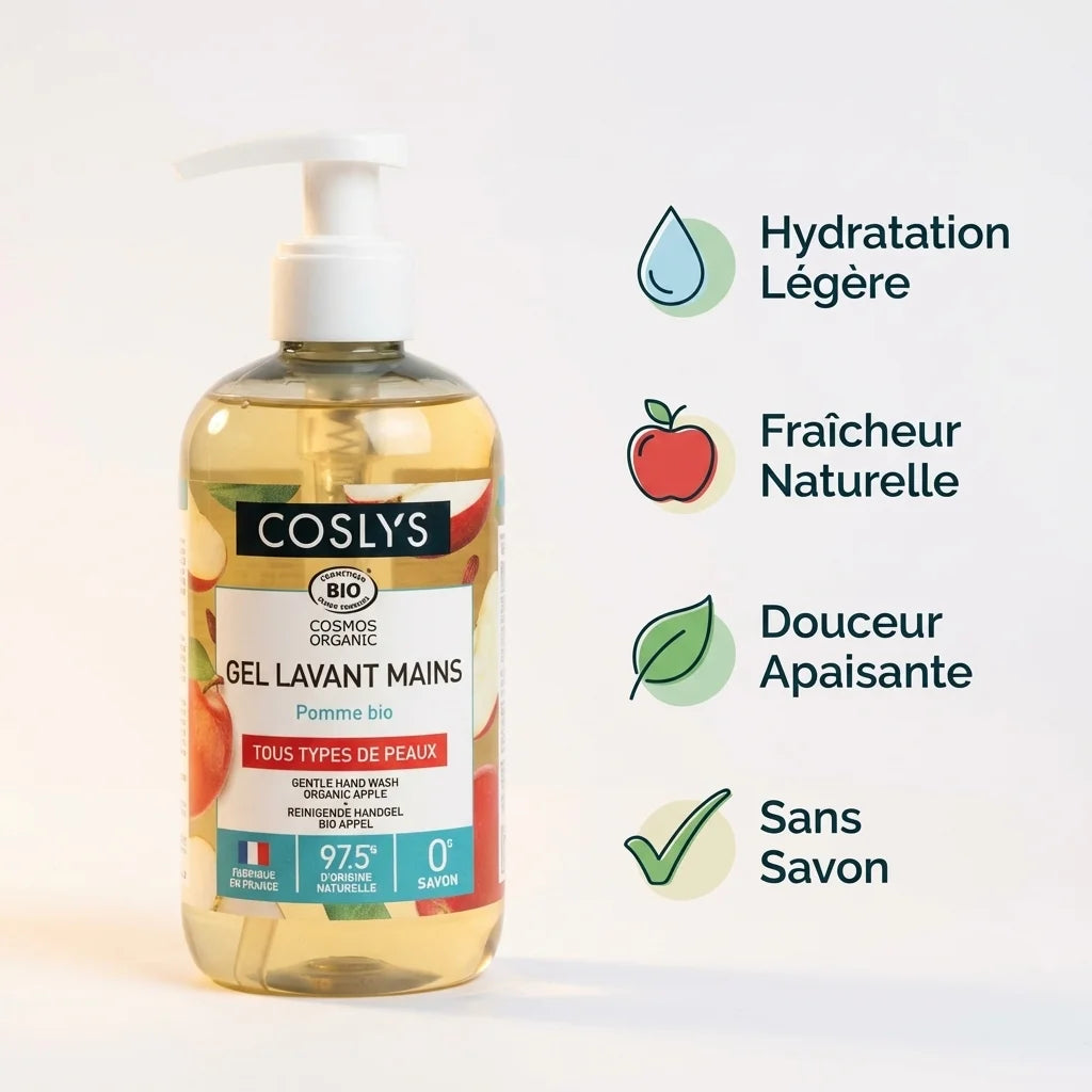 Gel lavant mains bio Coslys pomme 300ml avec icônes bénéfices hydratation et fraîcheur naturelle